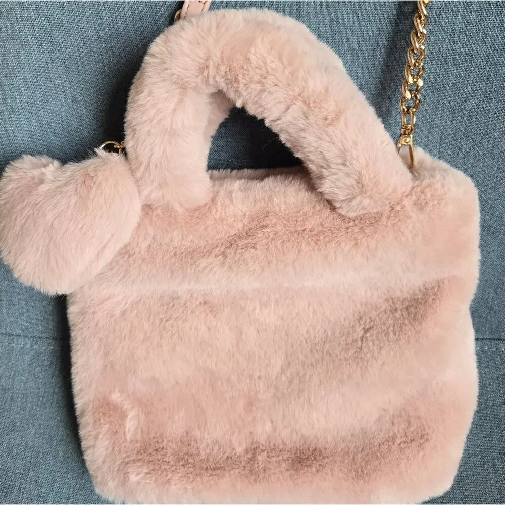 Juicy Couture Faux Fur Fluffy Mini Tote Handbag Dusty Blush Pink Y2K - Picture 7 of 14